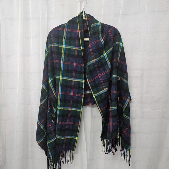 J. Crew Blue Green Plaid Shawl Scarf Fringe Wool OSFA - Picture 7 of 9